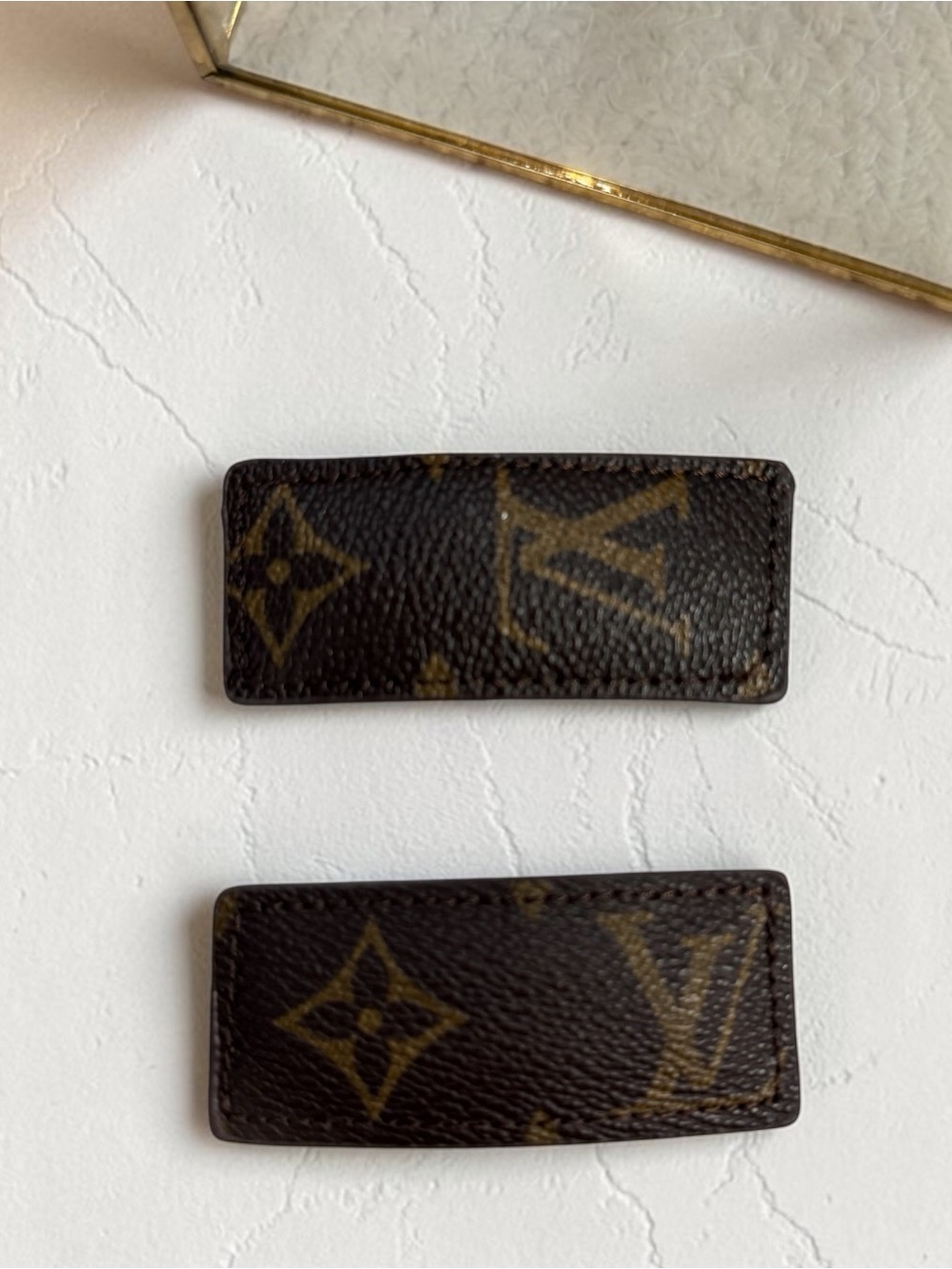 Repurposed Louis Vittion Brown Monogram Leather Hair Clips (Pair)